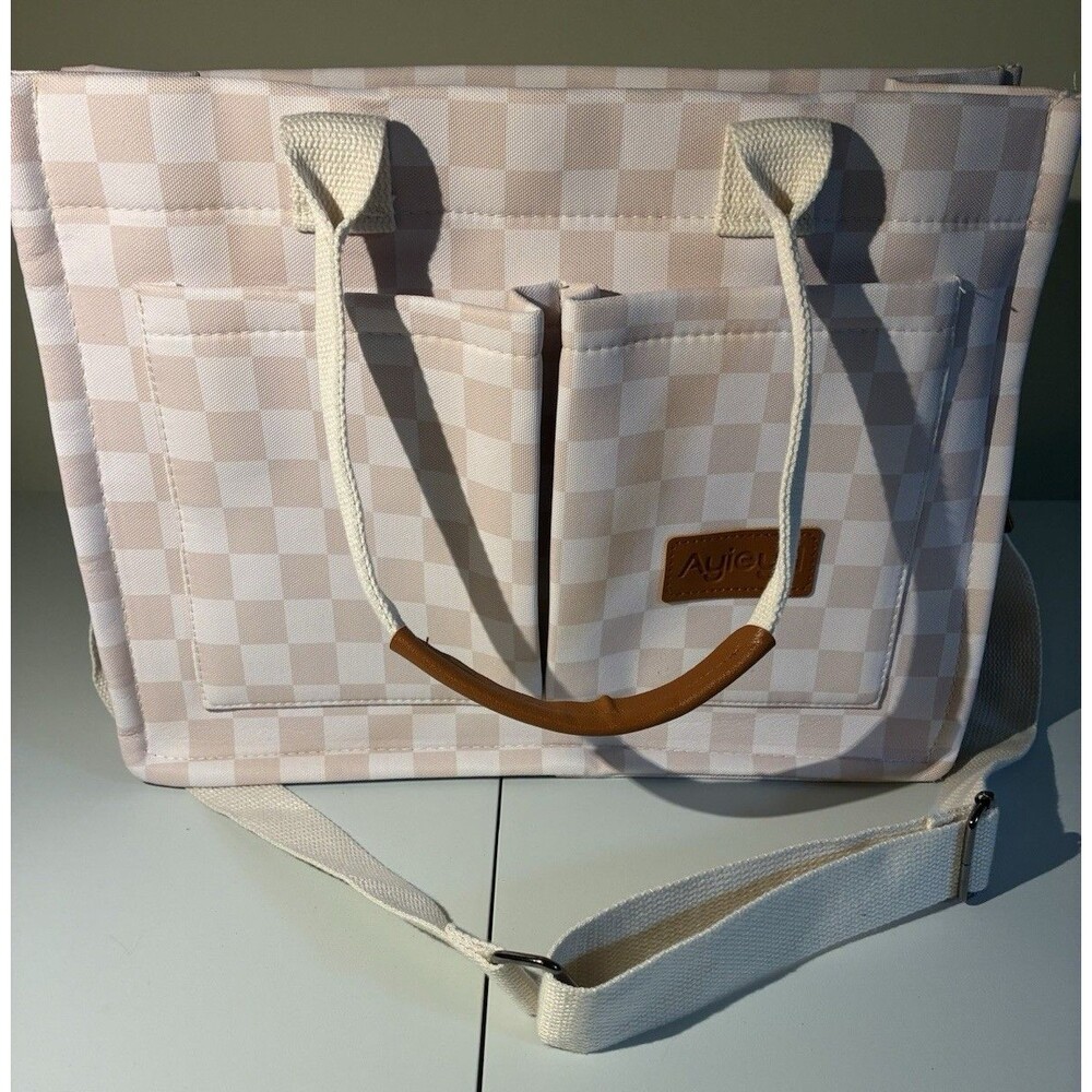 Ayieyill canvas two handle tote bag w/shoulder strap pink checks NEW